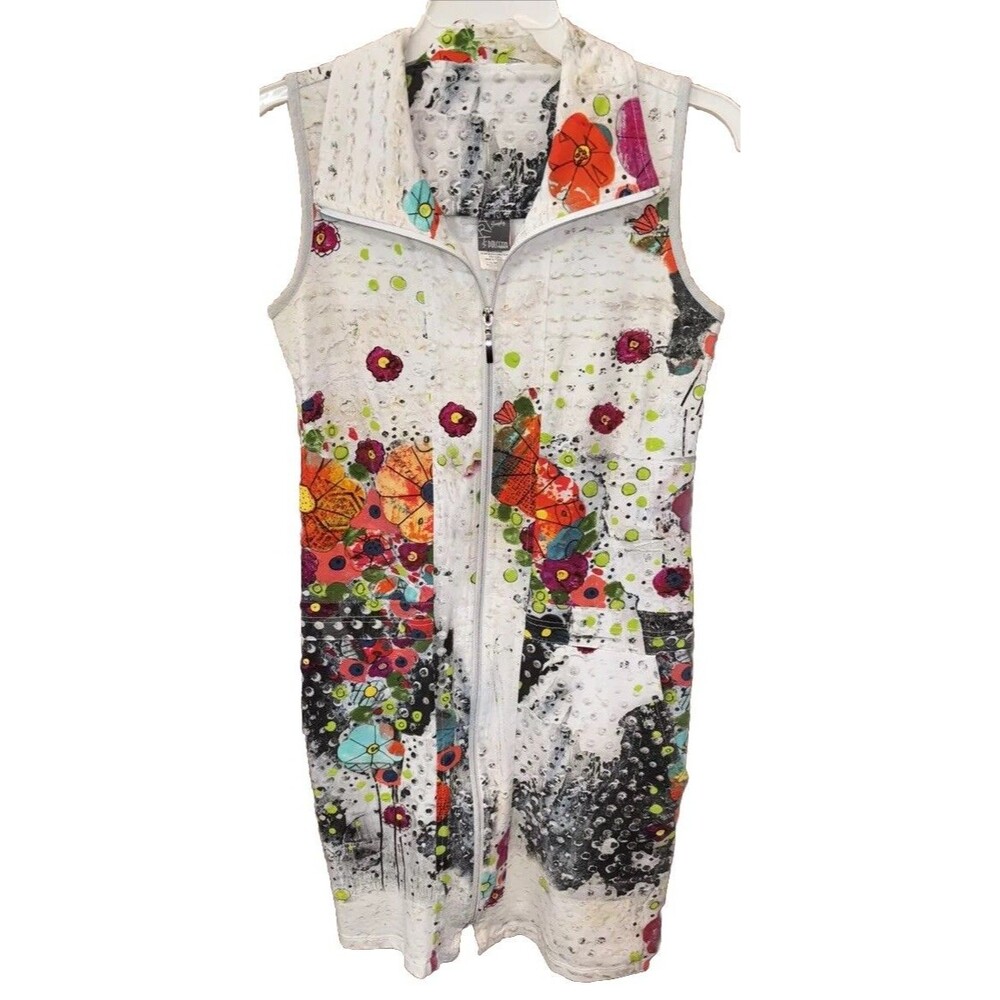 Art Simply by Dolcezza Colorful Floral Full Zip Sleeveless Dress S Pockets